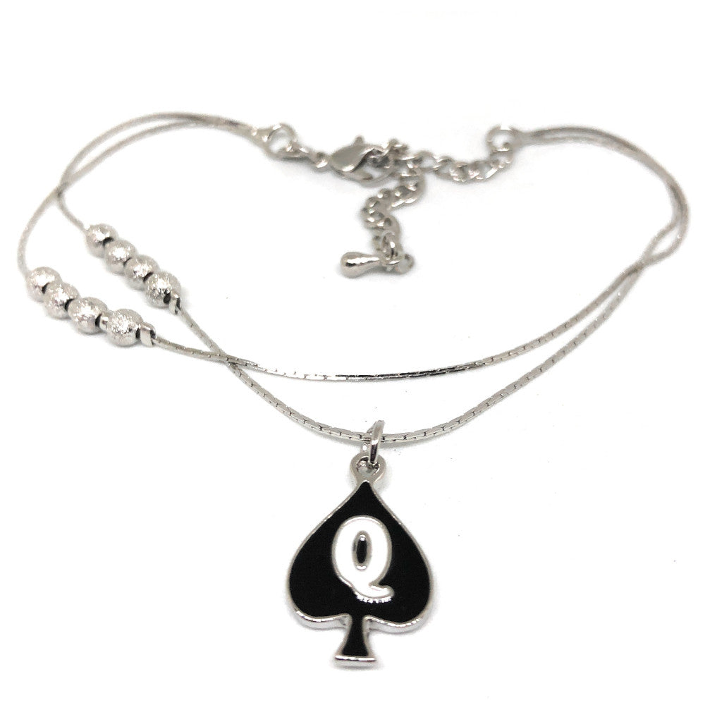 Queen of Spades - "Q" Spade Charm Anklet - 2 Row Double Silver Chain