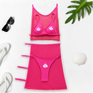 QOS Lace Cover up 4pc Bikini - Neon Pink