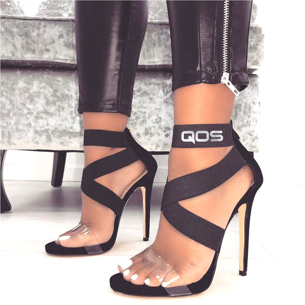 QOS - Open Toe Strap PVC Clear High Heels - BLK/SLV