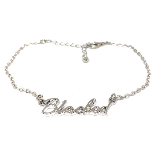 QOS - Queen of Spades - Cursive Letter " BLACKED "- Chain Anklets - Silver