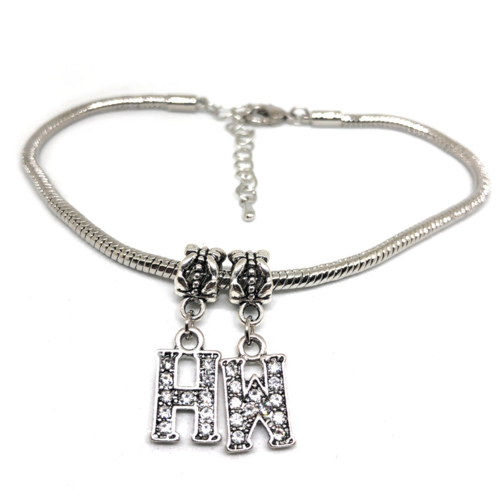 QOS - VVS Crystal "HW" Letters - HOTWIFE - Gunmetal/Silver Euro Snake Anklet