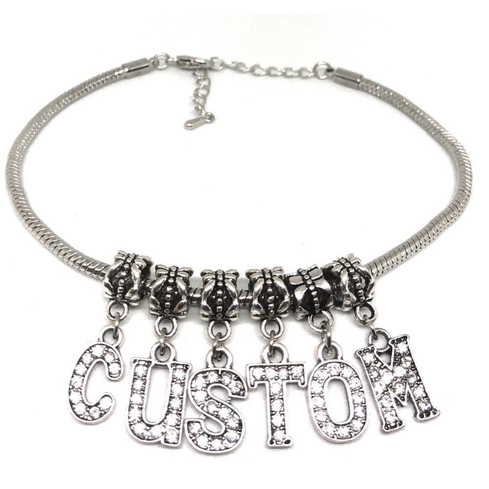 QOS Custom Crystal Letter Charm Anklet - Silver