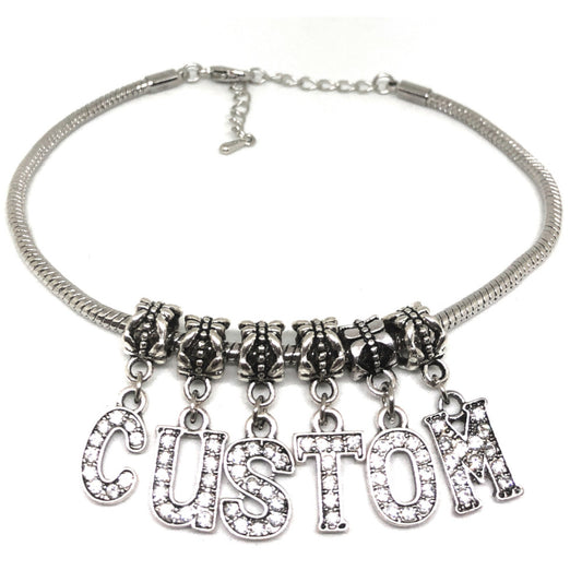 QOS Custom Crystal Letter Charm Anklet - Silver