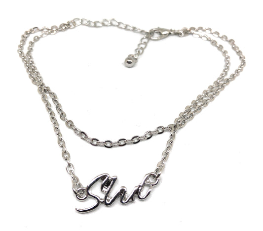 QOS Queen of Spades - Cursive Letter "SLUT" - 2 Row Chain Anklets - Slutty Silver