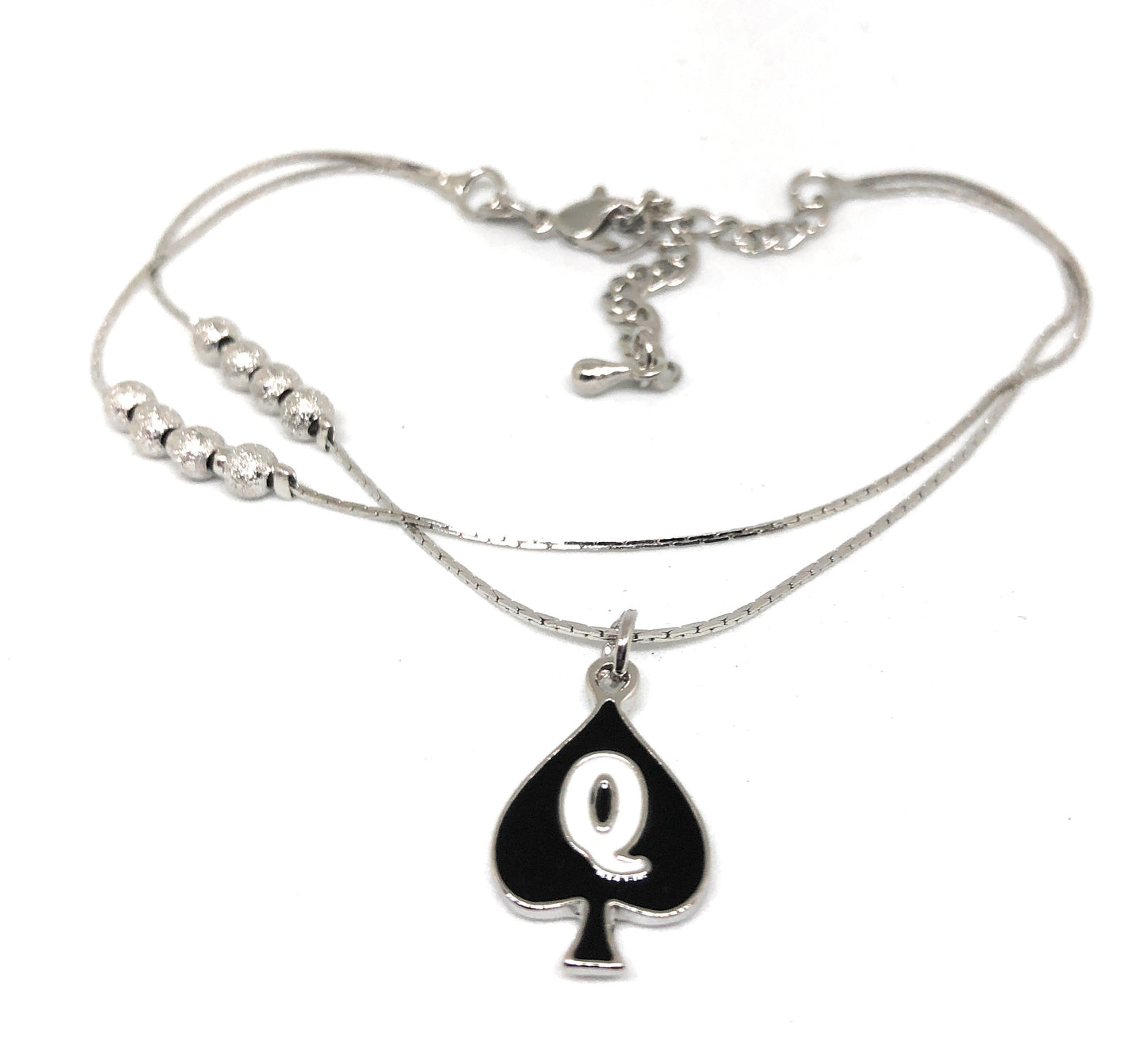 Queen of Spades - "Q" Spade Charm Anklet - 2 Row Double Silver Chain