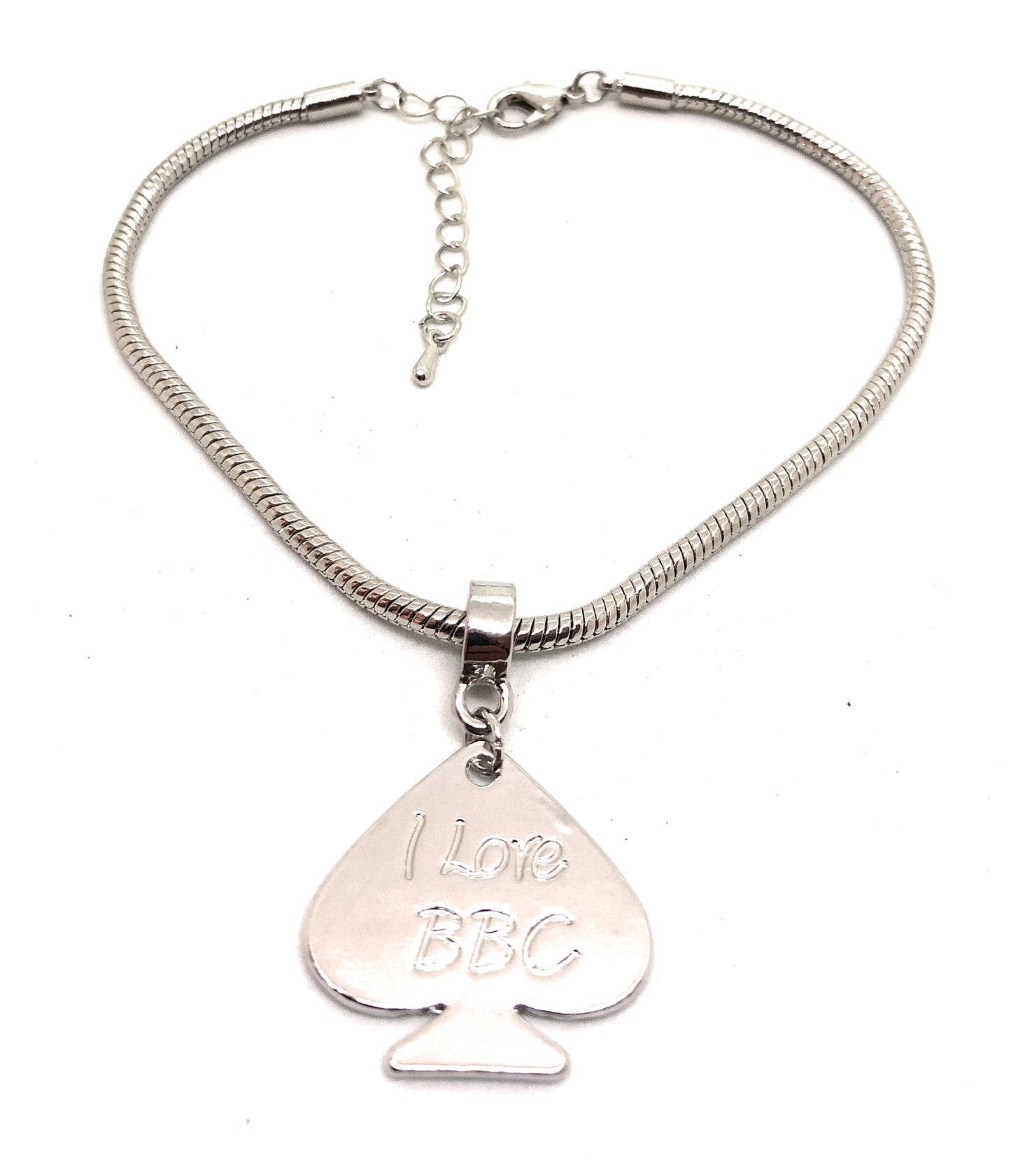 I Love BBC Engraved Spade Charm Euro Snake Anklets In Gld, Slvr or Blk