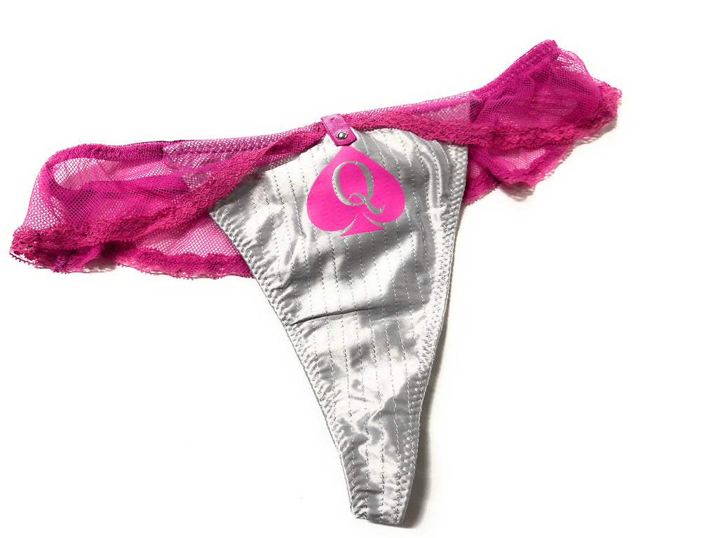 Silver QOS Queen Of Spades Logo - Fetish - Brazilian Hot Pink Lace G-String Thong Tanga