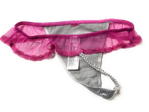 Silver QOS Queen Of Spades Logo - Fetish - Brazilian Hot Pink Lace G-String Thong Tanga