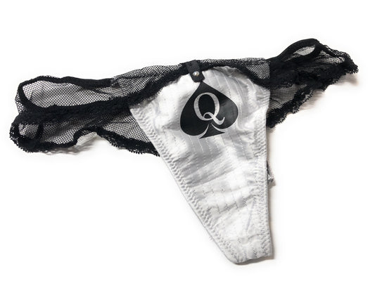 Silver QOS Queen Of Spades Logo - Fetish - Brazilian Black Lace G-String Thong Tanga