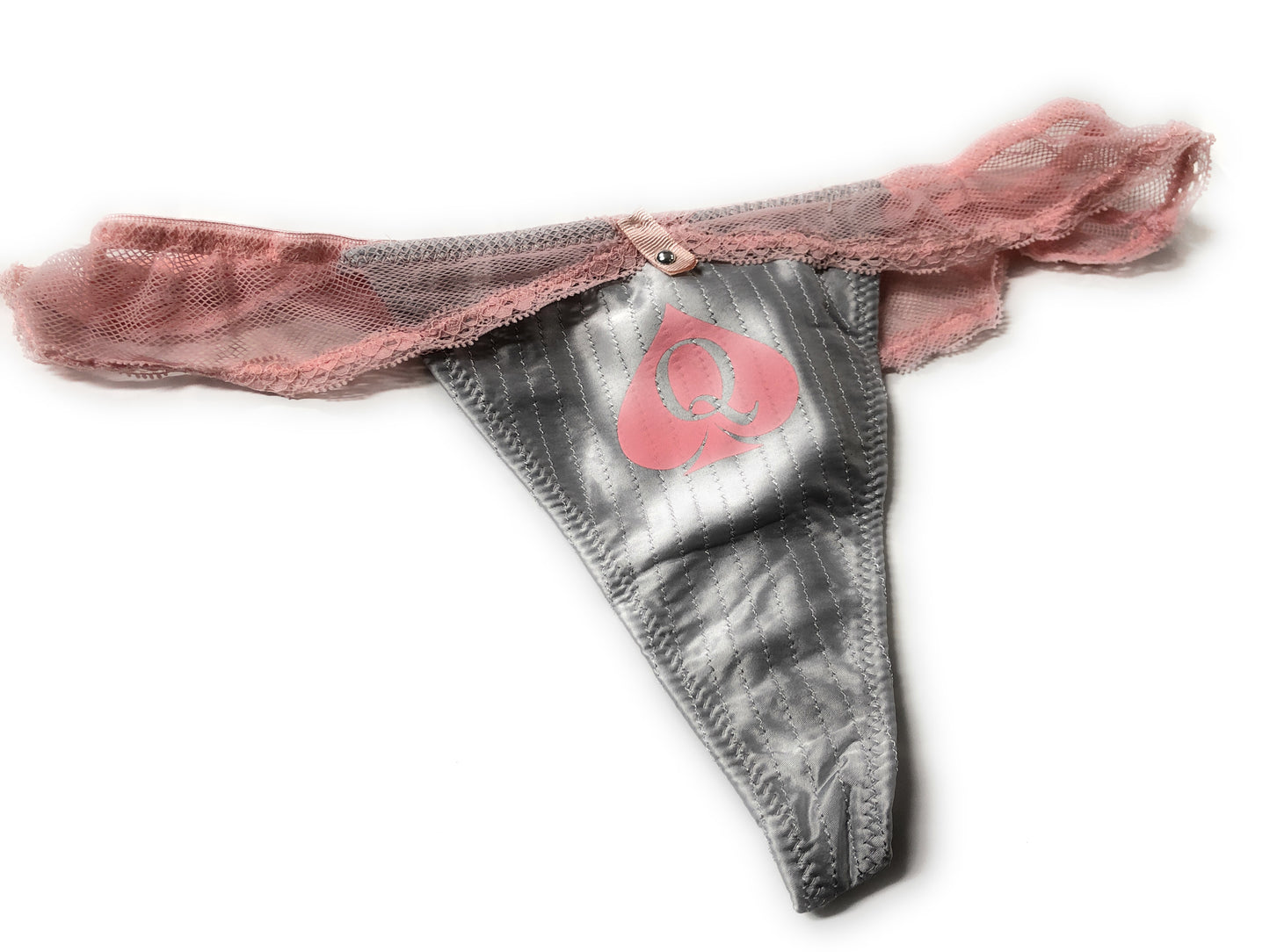 Silver QOS Queen Of Spades Logo - Fetish - Brazilian Pink Lace G-String Thong Tanga