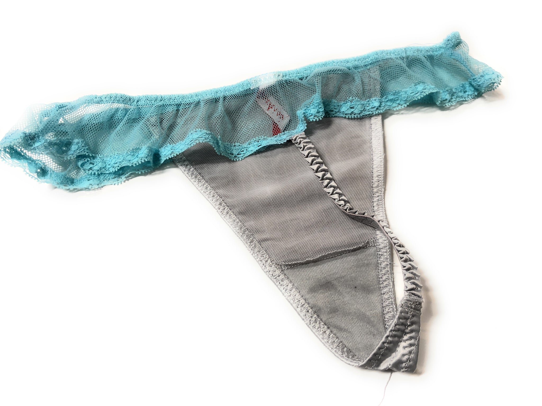 Silver QOS Queen Of Spades Logo - Fetish - Brazilian Turquoise Lace G-String Thong Tanga