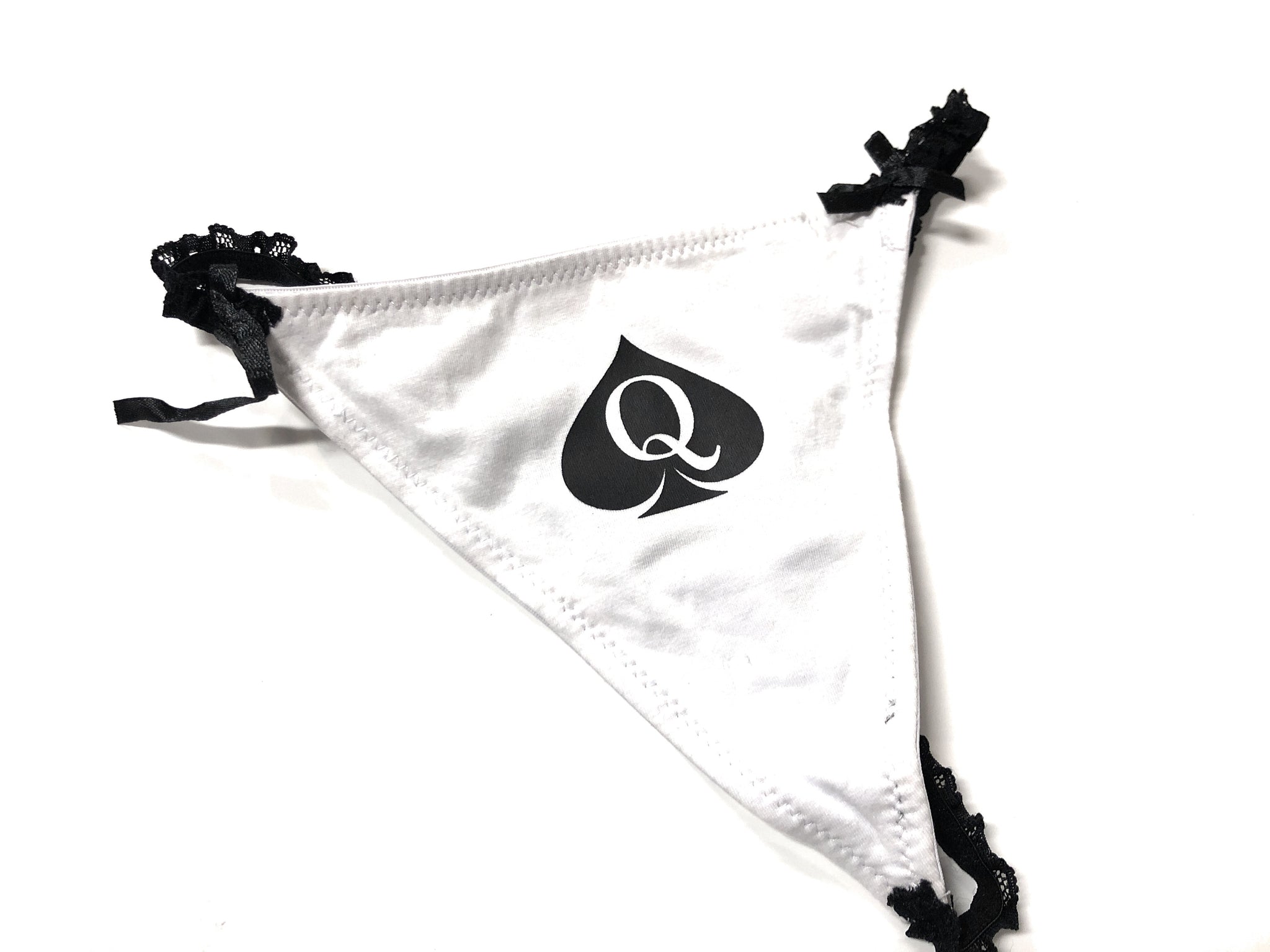 Black and White Lace Cotton Queen Of Spades Logo Brazilian Thong Tanga photo