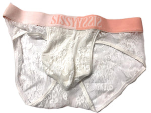 White Mesh Fishnet Lace Briefs - Sissy Branded - Bottom, Cuckold, Paypig, CD, TS, Blacked