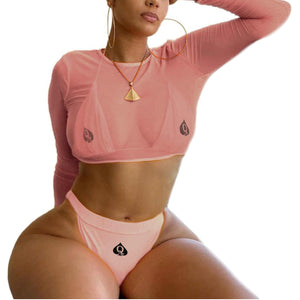 QOS Mesh Crop Top 3pc Bikini - Flesh Pink
