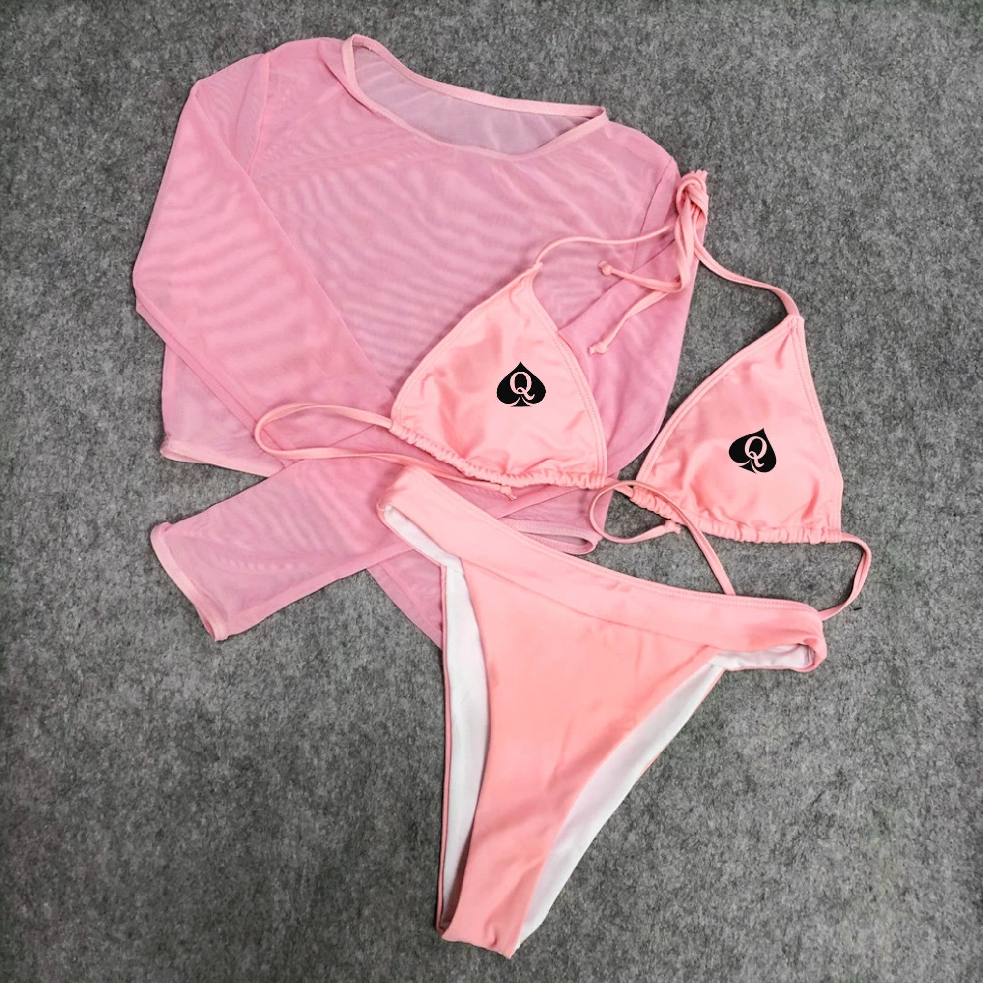 QOS Mesh Crop Top 3pc Bikini - Flesh Pink