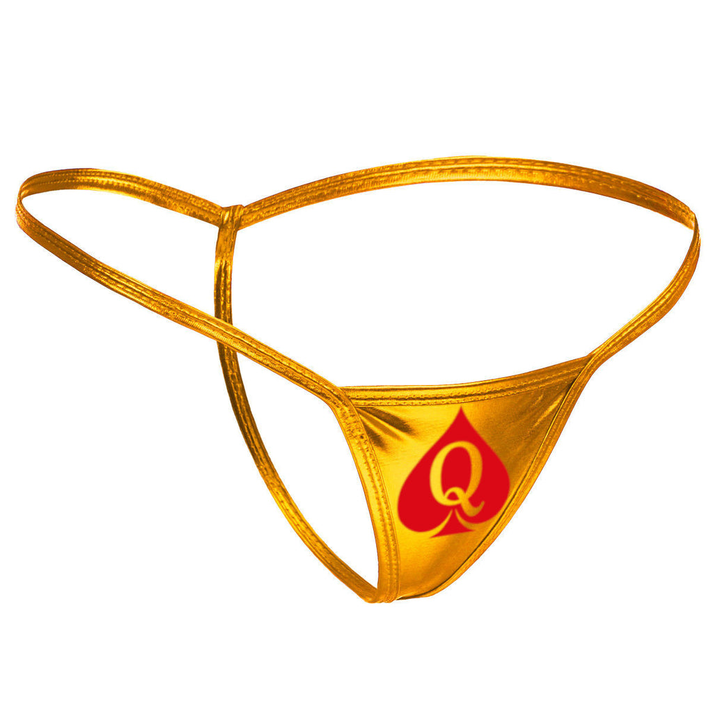 Metallic Vixen Gold QOS Queen Of Spades Logo - Fetish - Brazilian Micro G-String Thong