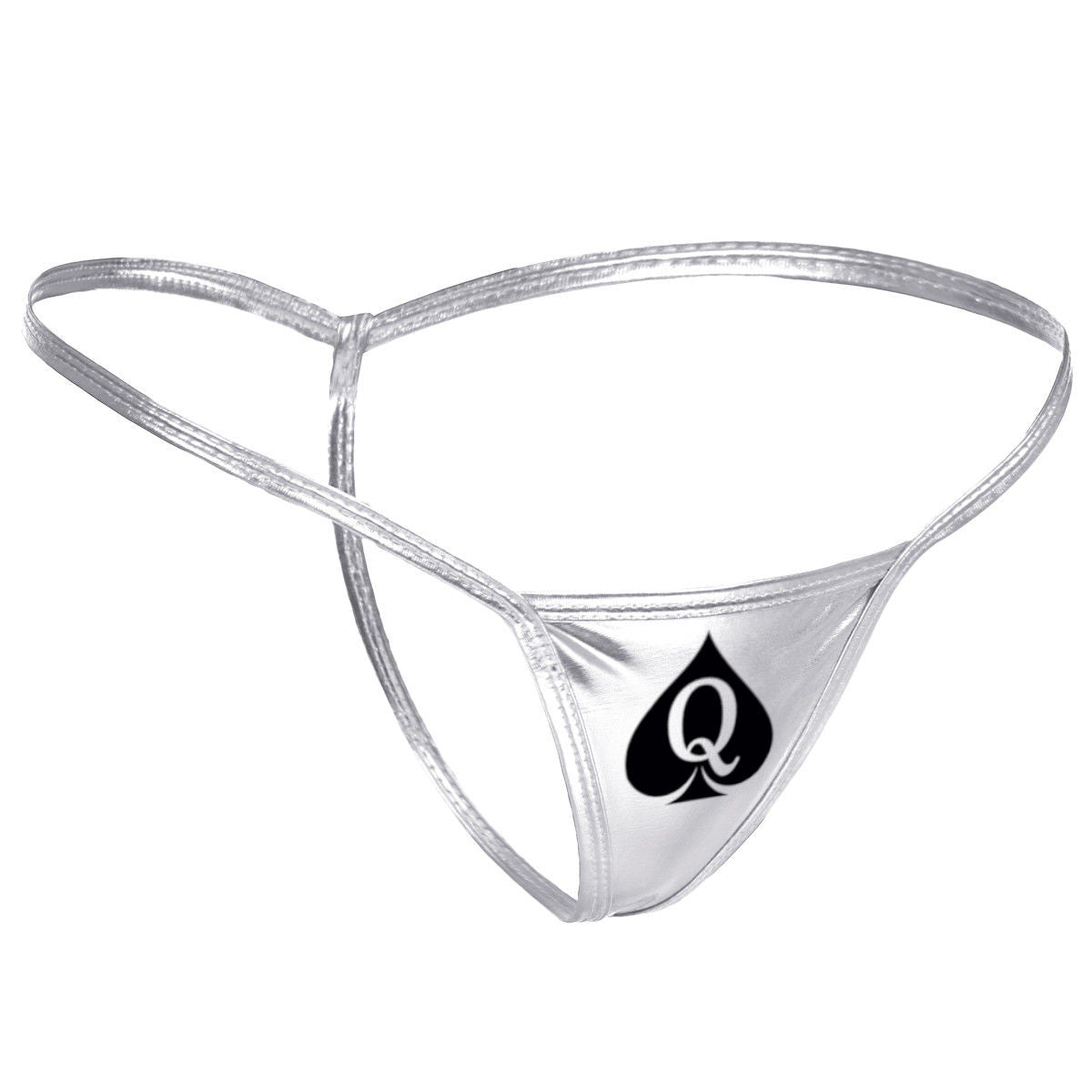 Sexy Metallic Silver QOS Queen Of Spades Logo - Fetish - Brazilian Micro G-String Thong