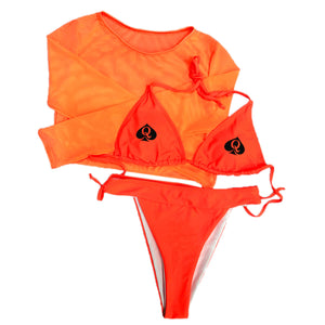 QOS Mesh Crop Top 3pc Bikini - Neon Orange