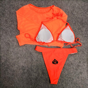 QOS Mesh Crop Top 3pc Bikini - Neon Orange