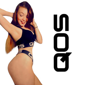 Blacked - QOS - Ladies Sports Bralette Set V2 - Extar Large Logo Band Top & Brazilian Bikini Bottom