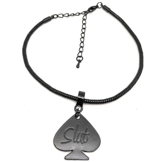 QOS - Slut - Engraved Spade Charm Eurosnake Anklets - Gold, Silver or Black