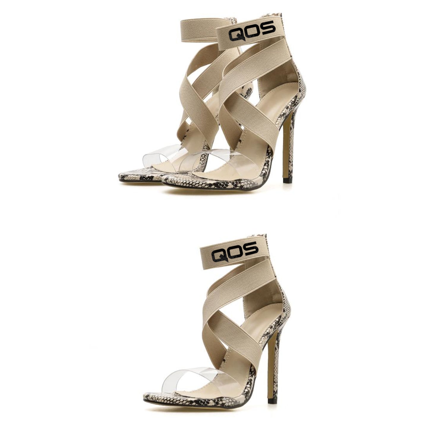 NEW DROP! QOS - Snake Skin Open Toe Strap PVC Clear High Heels - BLK/GLD