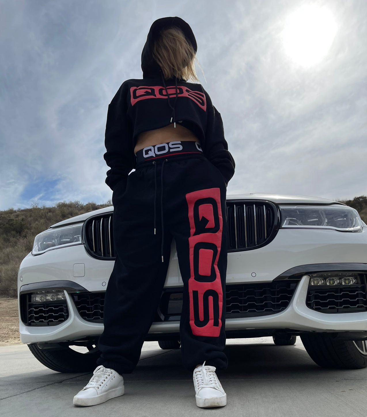 QOS Oversized Crop Top Hoodie & Jogger Set