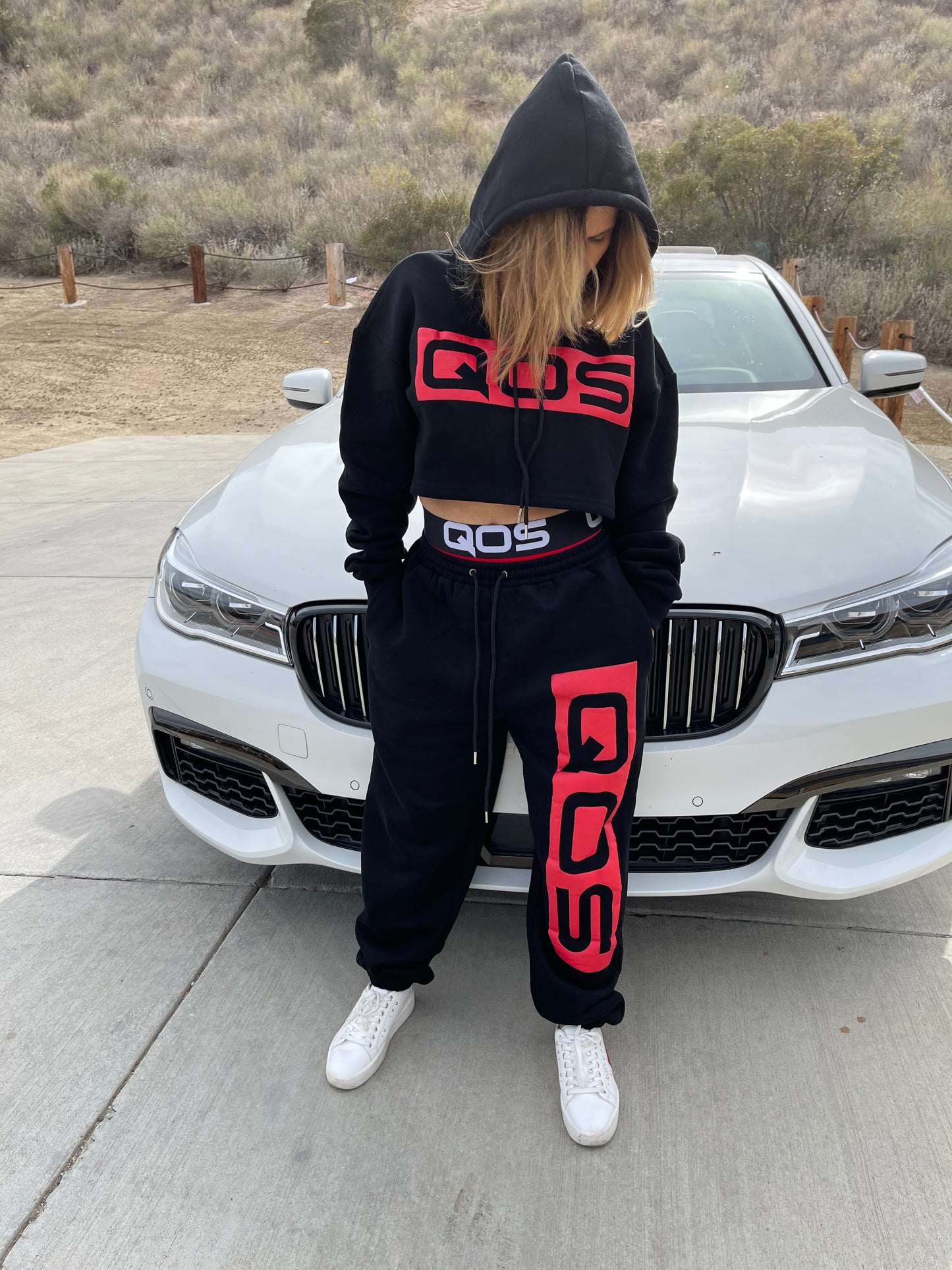 QOS Oversized Crop Top Hoodie & Jogger Set