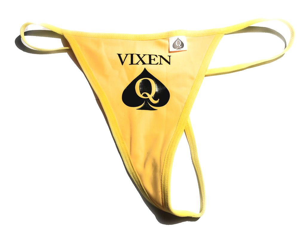 QOS BRAND Yellow VIXEN - Queen Of Spades Logo- Brazilian G-String