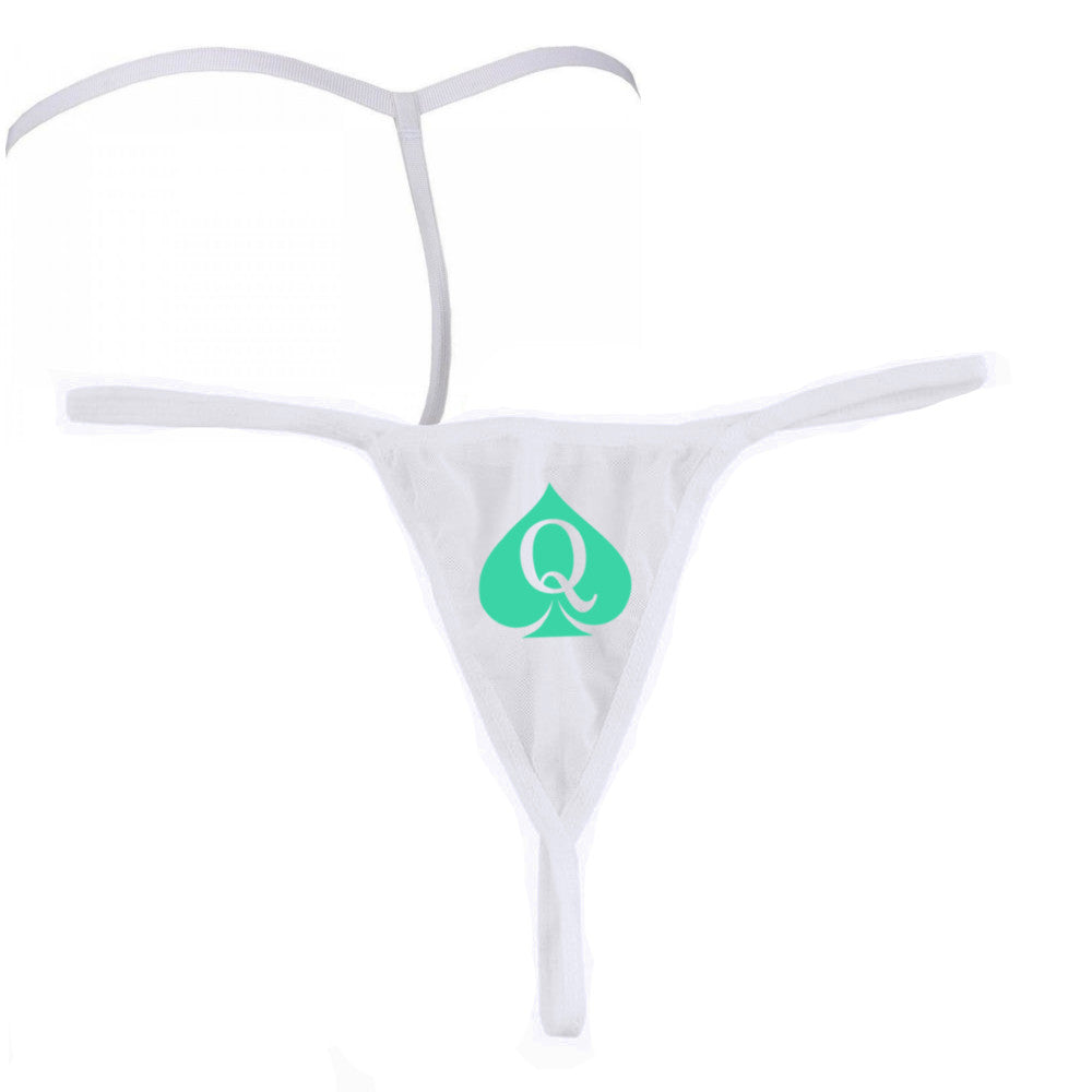 Sexy Snowbunny White Queen Of Spades - Goddess Turquoise Logo - Fetish - Brazilian G-String Thong 